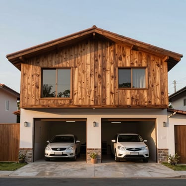 Fachada de casa térrea com acabamento em madeira e garagem para dois carros sob luz suave