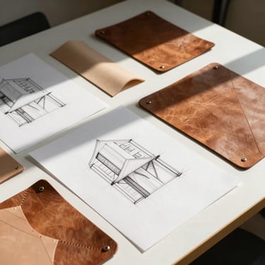 Tactile study of physical prototypes, architectural sketches, and raw leather materials arranged on a clean drafting table under harsh midday shadows.