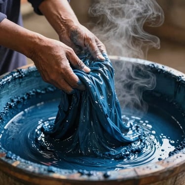 Close-up of hands working with natural indigo dye in a wooden vat, blue stained fabric being lifted, steam rising in low interior light.
