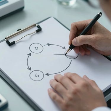 A close-up of a doctor's hands sketching a simplified three-step physiological feedback loop on a clean white notepad, cool clinical lighting, sharp focus.