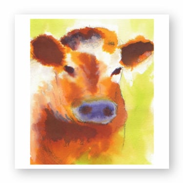 Watercolor painting of an orange and white cow portrait with a vibrant green background.