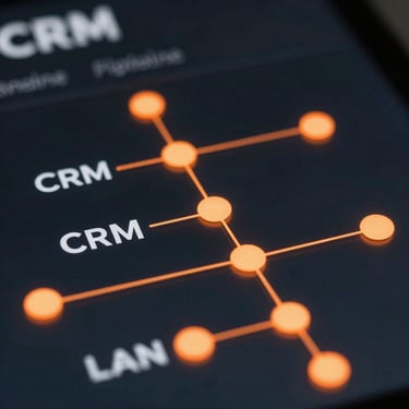 Macro close-up of a dark-mode CRM pipeline interface, glowing orange connection nodes, crisp typography, low-key studio lighting with orange rim highlights.