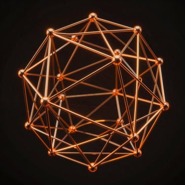 Abstract 3D geometric wireframe representing connected nodes and data flow, dark background with sharp orange rim-lights.