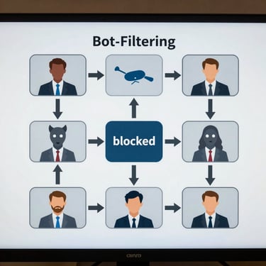 Clean vector diagram of the bot-filtering pipeline showing incoming traffic split into blocked bots and clean human traffic, styled like a terminal interface