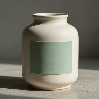 Bespoke ceramic vessel with a minimalist sage green label, styled in a quiet, sunlit studio setting.