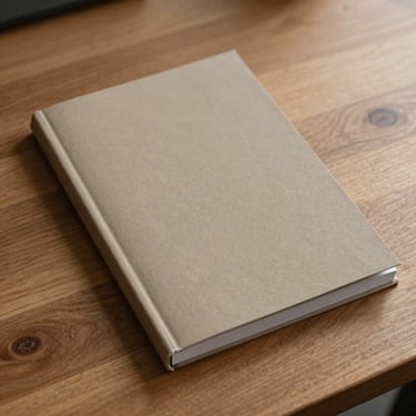 A minimal book cover design printed on textured warm taupe paper, resting on a natural wood desk with soft shadows.