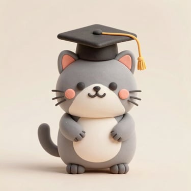 Cute 3D clay illustration of a happy fat gray cat wearing a tiny graduation cap, playful pastel colors
