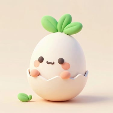 Cute 3D clay illustration of a small digital egg cracking open with green leaves, soft pastel colors