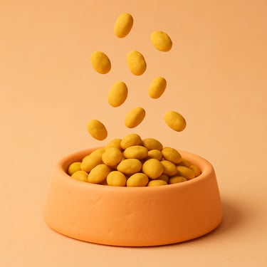 Cute 3D clay illustration of golden pet food seeds falling into a bowl, warm pastel colors