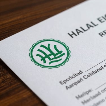 Close-up of an official Halal certification document on a dark wooden surface, warm ambient light, prominent Halal embossed mark in green ink, clean official paper