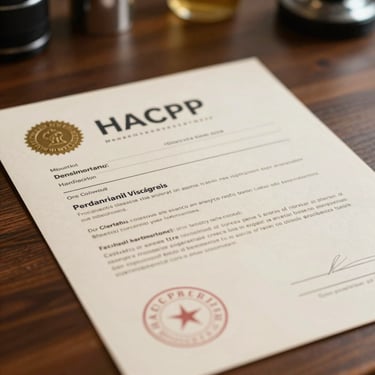 Close-up of an official HACCP food safety certificate document on a dark wooden desk, warm workshop light, official embossed seal visible, clean cream paper with clear printed text