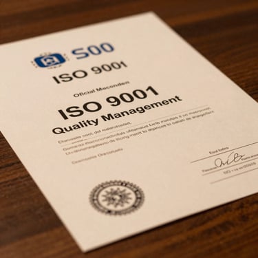 Close-up of an official ISO 9001 quality management certificate document laid on a dark wooden surface, warm tungsten light, crisp text visible on cream paper with an embossed seal