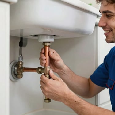 Close up of a friendly local plumber adjusting a copper pipe under a sink, natural daylight, sharp focus
