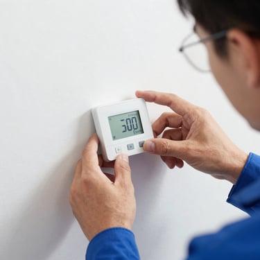 Hands of a technician installing a modern digital home thermostat, clean workspace, sharp focus