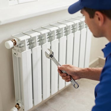 Professional plumber holding a wrench next to a clean radiator installation, bright daylight