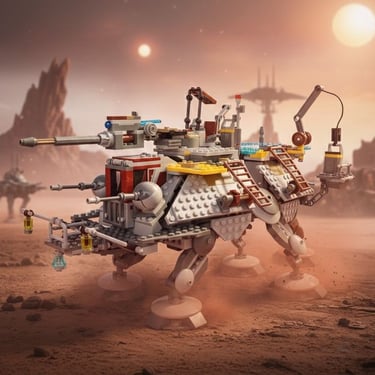 LEGO Star Wars : Sandcrawler Jawa dans le désert avec figurines de R2-D2, C-3PO et Jawas sur le sable.