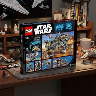 Boîte LEGO Star Wars 75157 (Captain Rex's AT-TE) posée sur un bureau de collectionneur entourée de figurines