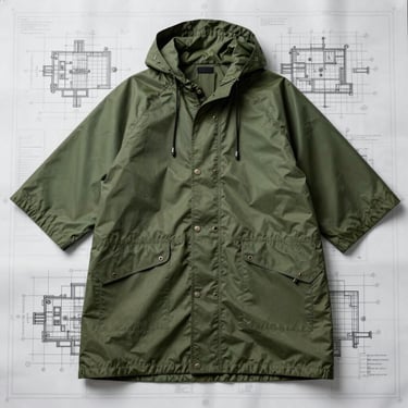 A heavy-duty green military-style poncho raincoat laid flat on a technical blueprint background, showing metal grommets.