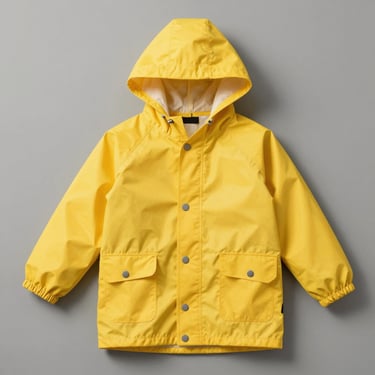 Bright yellow children's raincoat with reinforced hood and safety buttons, clean studio lighting on a neutral grey surface.
