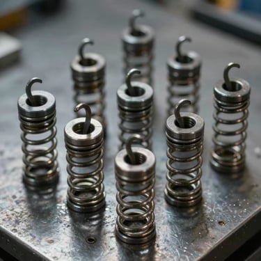 Close-up of industrial torsion springs with custom hooks, arranged neatly on a dark metal surface