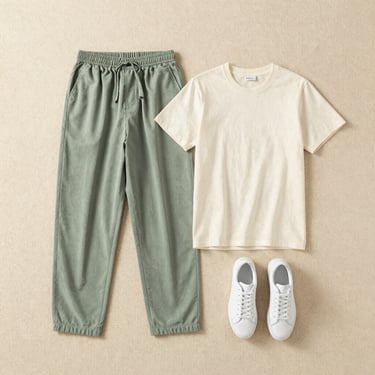 Aesthetic flat-lay of a coordinated outfit: sage green relaxed-fit trousers, cream cotton t-shirt, and clean white sneakers on a soft textured background, soft daylight