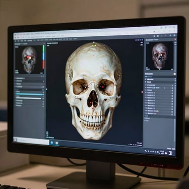 Close-up of a high-resolution medical monitor displaying a 3D digital skull reconstruction and surgical planning software, warm studio lighting
