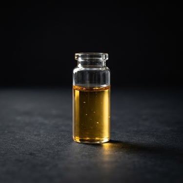 Macro photography of a minimalist glass vial with gold liquid reflections on a dark matte black background, dramatic studio lighting, high contrast, scientific laboratory aesthetic.