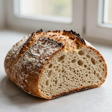 A rustic loaf of naturally fermented sourdough bread, dusted with flour, sliced open