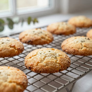 A golden-brown chewy Anzac biscuit on a wire cooling rack, warm morning light