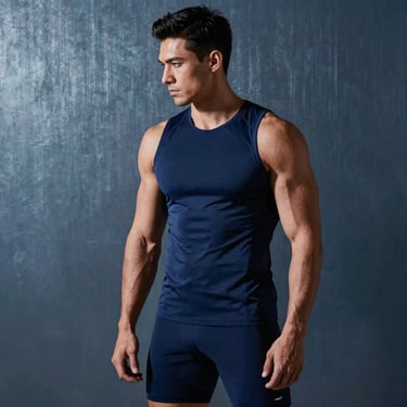 Professional studio portrait of a fitness athlete in deep navy blue high-performance gear. Strategic side lighting highlights muscle and focus against a steel blue background. Modern, sophisticated photography, North American / Canadian context.