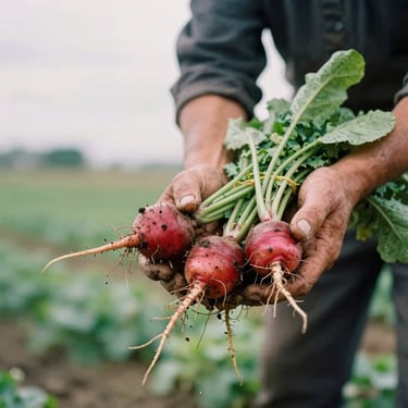Candid mid-action shot of a farmer in a field holding freshly harvested root vegetables, soft overcast daylight, dirt on hands, shallow depth of field, warm 35mm film look.