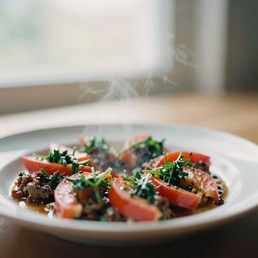 Close-up macro shot of a hand-plated artisanal dish on a ceramic plate, soft natural window light, steam rising slightly, shallow depth of field, warm 35mm film look.
