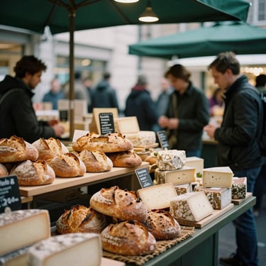 Environmental shot of a bustling modern indoor food market stall, fresh sourdough bread and artisanal cheeses on display, customers in soft focus in the background, warm light, 35mm film look.