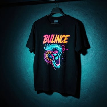 Black cotton band t-shirt with vibrant neon graphic design hanging in a dark room with cyan spotlight