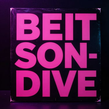 Close-up of a vintage vinyl record sleeve with bold modern typography, neon pink highlights, dark studio background