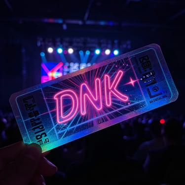 A glowing holographic concert ticket stub with neon patterns, dark moody background with stage lights