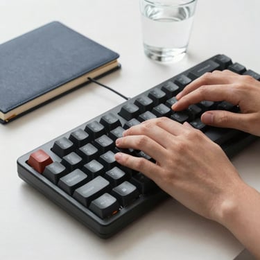 Close-up of hands typing on a high-quality mechanical keyboard, a dark navy notebook and a glass of water nearby in a minimalist setting.