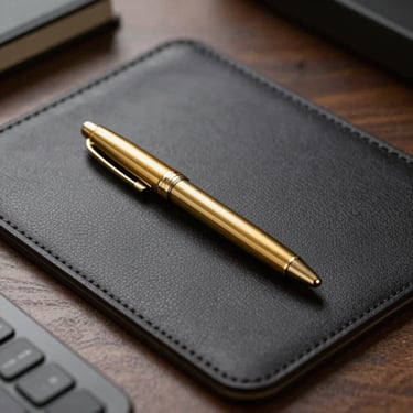 Close-up of a textured dark leather desk pad holding a solid brass pen, modernist executive penthouse setting