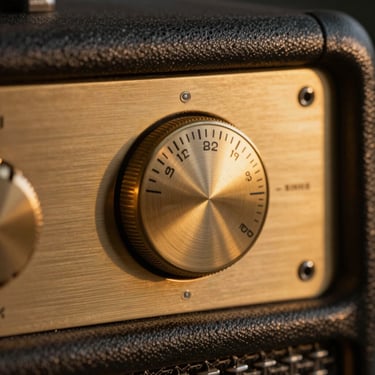 Extreme close-up of a brushed brass volume dial on a dark metallic amplifier, soft golden hour glow