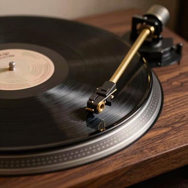 Macro shot of a heavy vinyl record spinning on a solid dark walnut turntable, warm low-key brass accent lighting