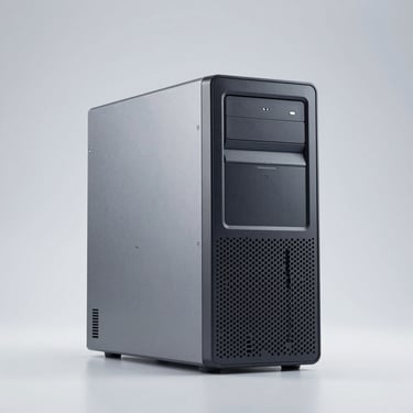 Crisp product shot of a high-performance corporate desktop workstation, clean studio lighting, cool gray background.