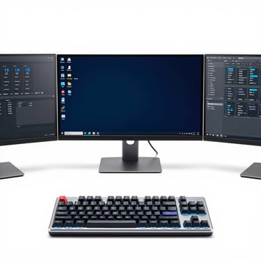 Symmetrical studio shot of professional computer monitors and mechanical keyboards, bright cool-key lighting.