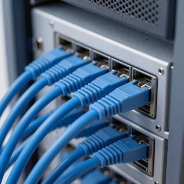 Cool-toned close-up of organized blue network cables plugged into a clean server rack, sharp focus.