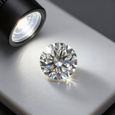 Extreme macro of a round brilliant-cut diamond on a white light table, studio strobe from above-left, internal fire and light refraction visible across the table facet, museum-gray negative space surrounding the stone