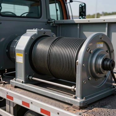 Close-up technical shot of a heavy-duty hydraulic winch system on a modern flatbed truck, steel cables taut and perfectly coiled, industrial safety decals visible, sharp focus with clean metallic textures under bright daylight.