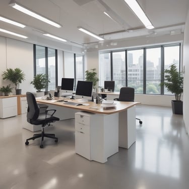 Office cleaning team working efficiently in a modern corporate space.