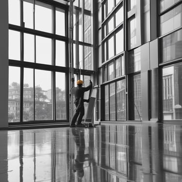 Post-construction cleaning crew removing debris from a new building.
