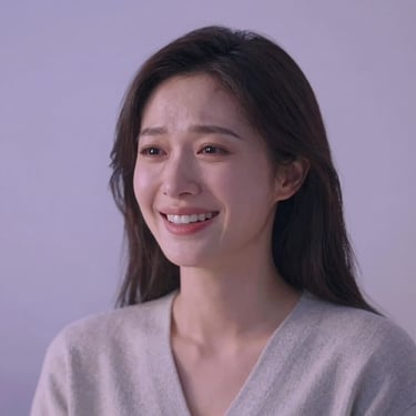 A portrait of a woman looking emotional and happy, soft cinematic lighting, palette of soft lavender and ethereal pale mist.