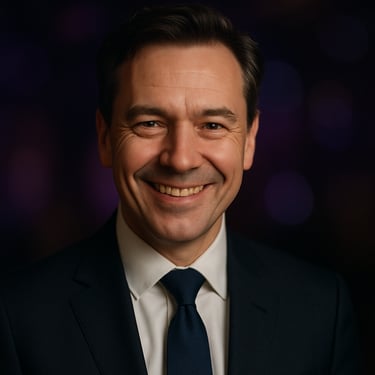 A portrait of a middle-aged man smiling warmly at the camera, elegant suit, background blurred with soft midnight purple lights.