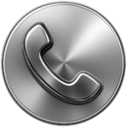 A metallic silver phone handset icon centered on a brushed steel circular button.